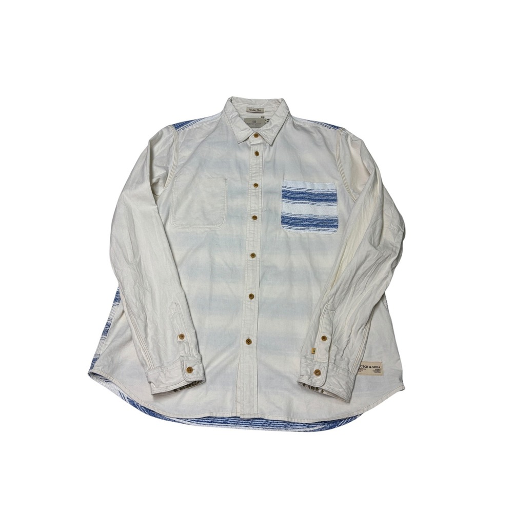 Scotch & Soda Paradise Shirt Mens XL Cream Blue Stripe Button Down Cotton